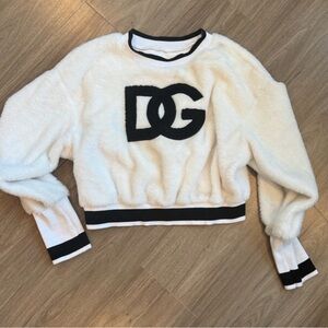 White Fuzzy Sweater with Black Logo